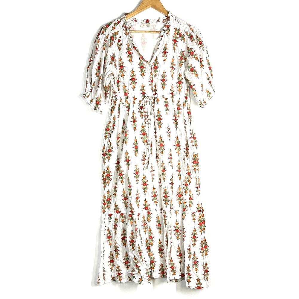 Banjanan Betty Dress Floral Raglan Sleeve Cinched Waist Tiered Maxi White Large - Picture 4 of 10